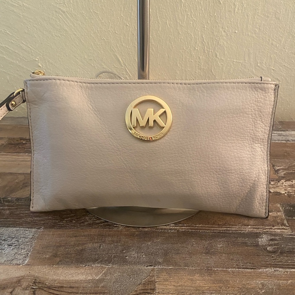 Michael Kors Beige Wristlet Clutch with Gold Logo